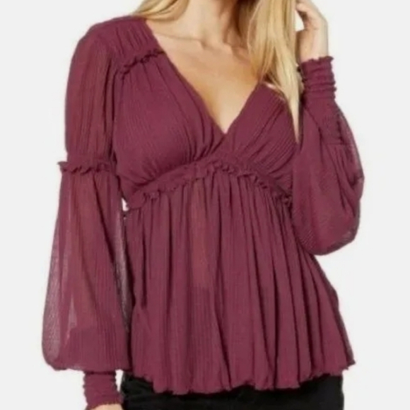 Free People Size Small Plum Day Dreaming Balloon-Sleeve Top - Picture 3 of 10